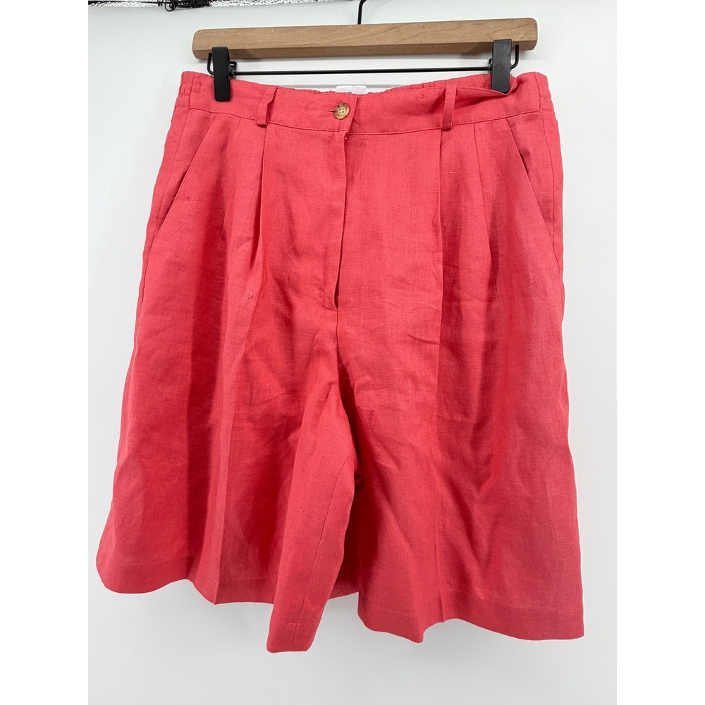 VTG 90s Talbots Petites 100% Linen Pleated Bermuda Shorts 8P Coral High Rise